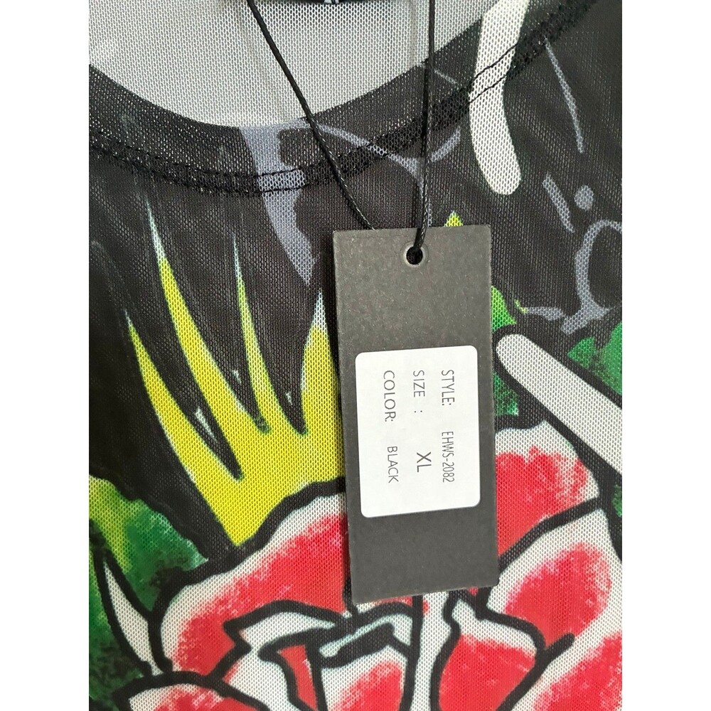 Ed Hardy Black Mesh Dress Cover Up Size XL Rose Graphic Tattoo Print NWT - Picture 2 of 7